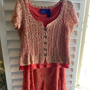 3pc outfit skirt sweater and top.. coral color
